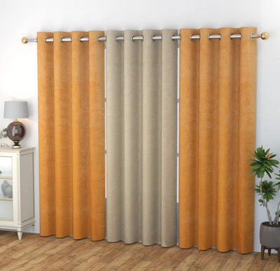 Galaxy Home Decor 274 cm (9 ft) Long Door Velvet Room Darkening Curtain (Pack Of 3)(Gold&Cream, Self Design)