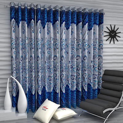 Home Sizzler 275 cm (9 ft) Polyester Semi Transparent Long Door Curtain (Pack Of 4)(Floral, Blue)