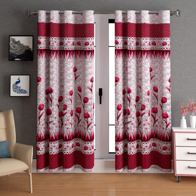 LA VERNE 214 cm (7 ft) Door Polyester Semi Transparent Curtain (Pack Of 2)(Red, Floral)