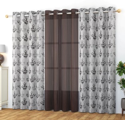 Sehbhagi 214 cm (7 ft) Tissue Semi Transparent Door Curtain (Pack Of 3)(Printed, Brown)