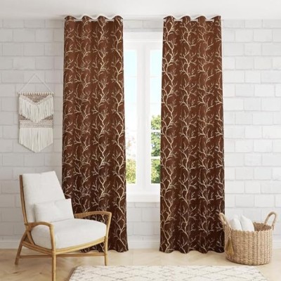 CurtainWala 213.36 cm (7 ft) Velvet Room Darkening Door Curtain (Pack Of 2)(Floral, Brown)