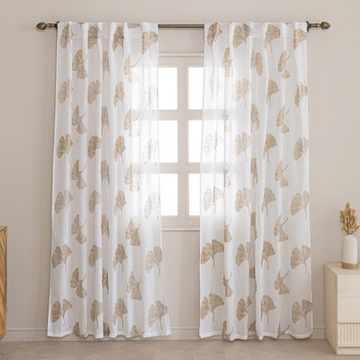 HOMEMONDE 152.4 cm (5 ft) Window Cotton Transparent Curtain (Pack Of 2)(Ginkgo Biloba Gold, Floral)