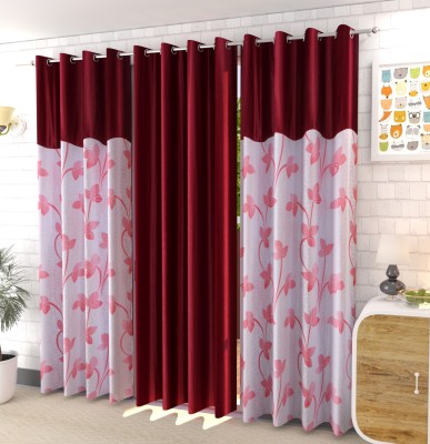 kiara Creations 274 cm (9 ft) Polyester Semi Transparent Long Door Curtain (Pack Of 3)(Floral, Maroon)