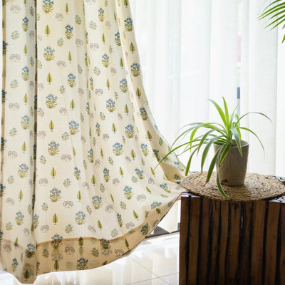 Urban Space 213 cm (7 ft) Door Cotton Room Darkening Curtain (Pack Of 2)(Calico Blue, Floral)