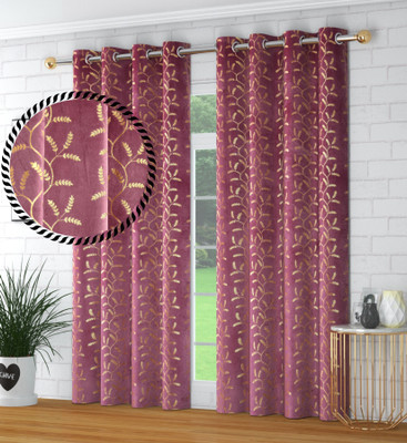 FabFabriX 213.36 cm (7 ft) Door Velvet Room Darkening Curtain (Pack Of 2)(English Wine, Floral)