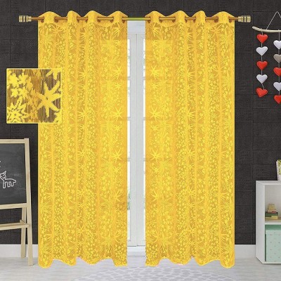 HHF DECOR 153 cm (5 ft) Polyester Semi Transparent Window Curtain (Pack Of 2)(Floral, Yellow)