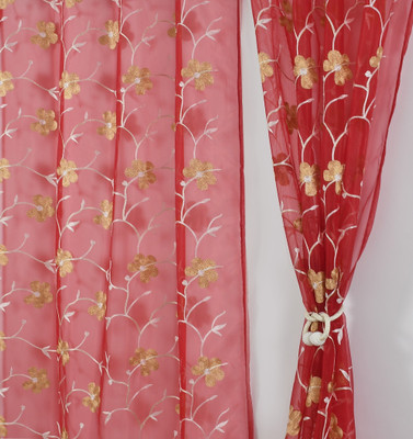 Homefab India 274.32 cm (9 ft) Long Door Polyester Transparent Curtain (Pack Of 2)(Maroon, Floral)