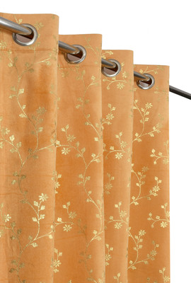 VELOURA 152.4 cm (5 ft) Window Velvet Room Darkening Curtain (Pack Of 2)(Gold, Floral)