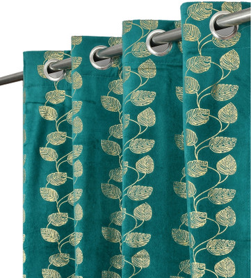 FABREEVA 152.4 cm (5 ft) Window Velvet Room Darkening Curtain (Pack Of 2)(Aqua, Self Design)