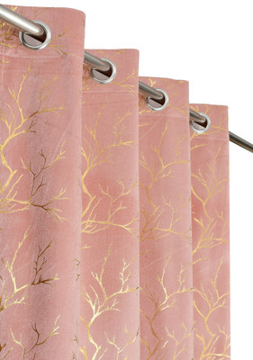 VELOURA 152.4 cm (5 ft) Window Velvet Room Darkening Curtain (Pack Of 2)(Rose Pink, Printed)