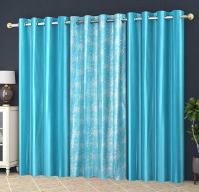 goycors 274 cm (9 ft) Long Door Polyester Semi Transparent Curtain (Pack Of 3)(Aqua, Solid, Printed)