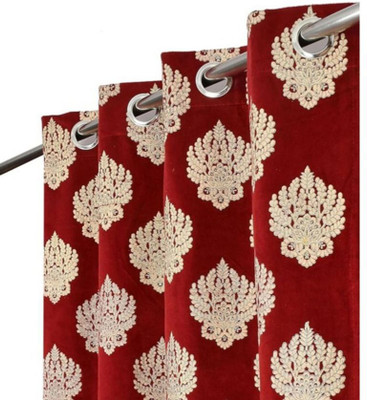 FABREEVA 152.4 cm (5 ft) Window Velvet Room Darkening Curtain (Pack Of 2)(Maroon, Self Design)