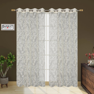 BANAVY 275 cm (9 ft) Long Door Tissue, Net Semi Transparent Curtain (Pack Of 2)(Beige (Pack of 2), Self Design)