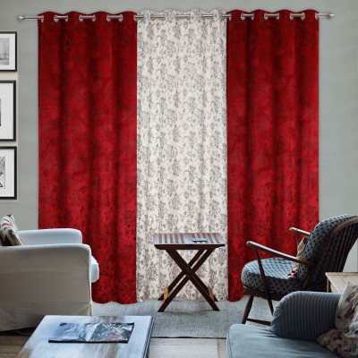 Impression Hut 274 cm (9 ft) Velvet Room Darkening Long Door Curtain (Pack Of 3)(Printed, MAROON-WHITE)