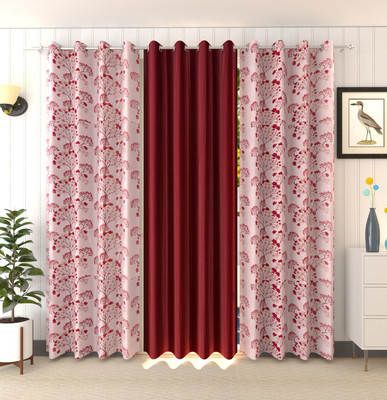 Benchmark 213.3 cm (7 ft) Door Polyester Semi Transparent Curtain (Pack Of 3)(Maroon & Pink, Floral)
