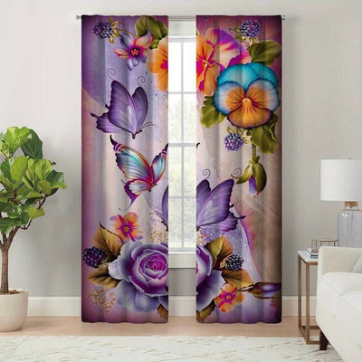 Tample Fab 274 cm (9 ft) Long Door Polyester Room Darkening Curtain (Pack Of 2)(Purple, Floral)