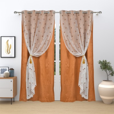 GD Home Fabric 274.32 cm (9 ft) Polyester Blackout Long Door Curtain (Pack Of 2)(Printed, Bronze & White)