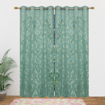 VELOURA 152.4 cm (5 ft) Window Velvet Room Darkening Curtain (Pack Of 2)(Aqua Island, Floral)