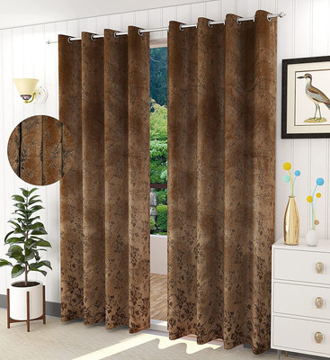 Kraftiq Homes 274 cm (9 ft) Long Door Velvet Room Darkening Curtain (Pack Of 2)(Light Brown, Floral)