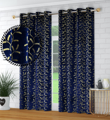 FabFabriX 274.32 cm (9 ft) Long Door Velvet Room Darkening Curtain (Pack Of 2)(Navy Blue, Printed)