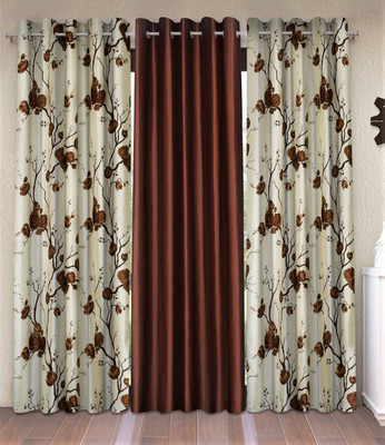 Fashion String 274 cm (9 ft) Long Door Polyester Semi Transparent Curtain (Pack Of 3)(Brown, Floral)