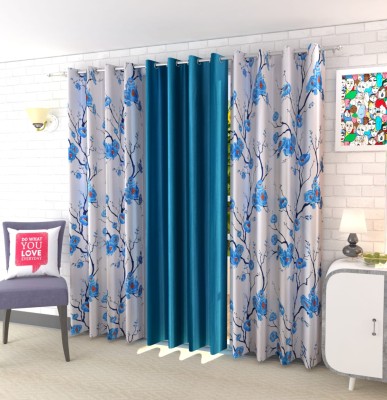 NAVSANG 213 cm (7 ft) Polyester Room Darkening Door Curtain (Pack Of 3)(Floral, Solid, 2 Flower 1 Aqua)