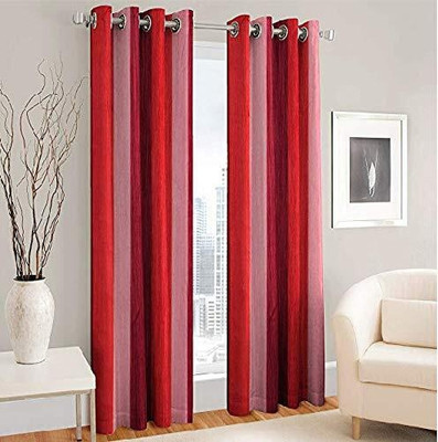 Brand Roots 153 cm (5 ft) Polyester Semi Transparent Window Curtain (Pack Of 2)(Striped, Red)
