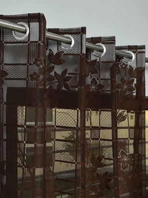 FABWEB 152 cm (5 ft) Polyester Semi Transparent Window Curtain (Pack Of 2)(Self Design, Coffee)