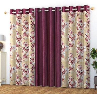 Benchmark 152.4 cm (5 ft) Window Polyester Semi Transparent Curtain (Pack Of 3)(Wine 1, Floral)