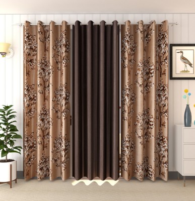Panipat Textile Hub 214 cm (7 ft) Polyester Semi Transparent Door Curtain (Pack Of 3)(Floral, Brown)