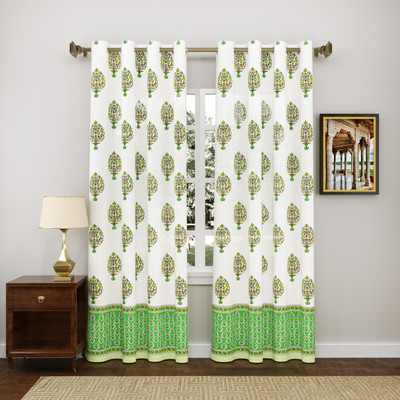 Blocks Of India 210 cm (7 ft) Door Cotton Semi Transparent Curtain (Pack Of 2)(White & Green, Printed)