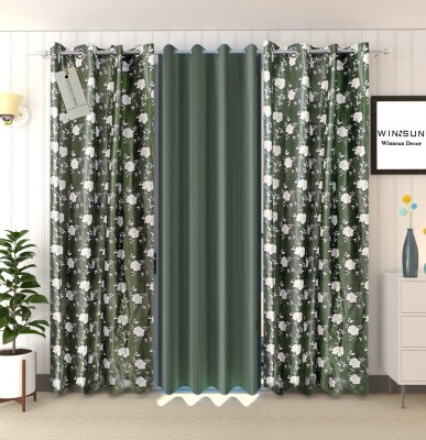 WINNSUN 274 cm (9 ft) Polyester Semi Transparent Long Door Curtain (Pack Of 3)(Floral, Green)