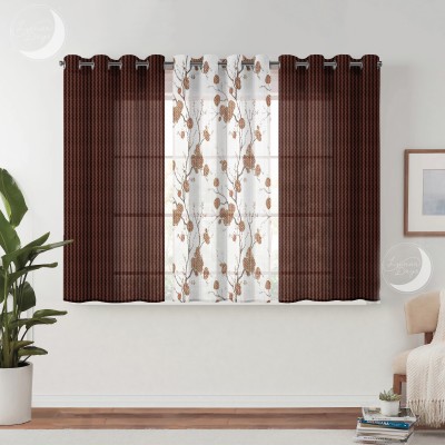 Lunar Days 152 cm (5 ft) Net Transparent Window Curtain (Pack Of 3)(Floral, Brown (2 Stripes 1 Flower))