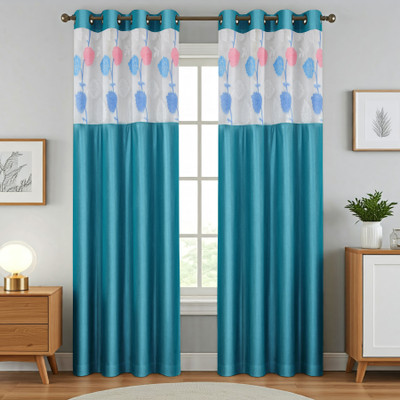 Homefab India 214 cm (7 ft) Door Polyester Semi Transparent Curtain (Pack Of 2)(Blue, Floral)