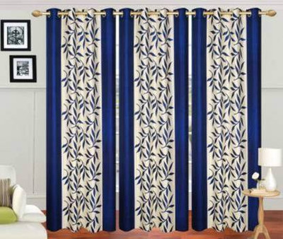 Adimanav 213.36 cm (7 ft) Door Polyester Semi Transparent Curtain (Pack Of 3)(Blue, Floral)