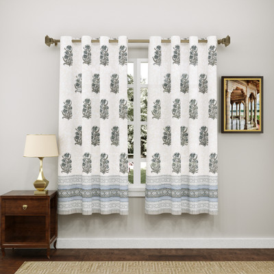 Blocks Of India 150 cm (5 ft) Window Cotton Semi Transparent Curtain (Pack Of 2)(GREY WHITE, Printed)