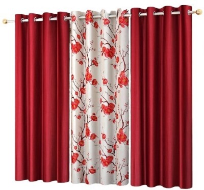 NAVSANG 152 cm (5 ft) Polyester Room Darkening Window Curtain (Pack Of 3)(Floral, Solid, 2 Maroon 1 Flower)