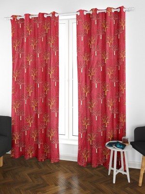 DecorPalace 215 cm (7 ft) Polyester Room Darkening Window Curtain (Pack Of 2)(Printed, Red)