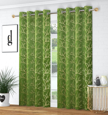 Drishti enterprises 152.4 cm (5 ft) Window Velvet Room Darkening Curtain (Pack Of 2)(Green, Printed)