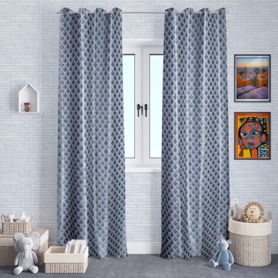 The Household 214 cm (7 ft) Polyester Room Darkening Long Door Curtain (Pack Of 2)(Geometric, Blue)