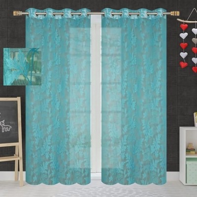 Sanvi Creations 152.4 cm (5 ft) Polyester Semi Transparent Window Curtain (Pack Of 2)(Floral, Sky blue)