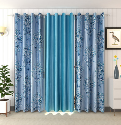 Panipat Textile Hub 214 cm (7 ft) Door Polyester Semi Transparent Curtain (Pack Of 3)(Blue, Floral)