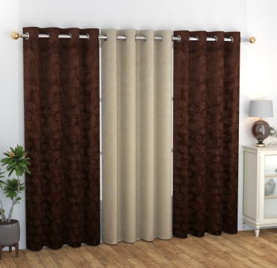 Impression Hut 274 cm (9 ft) Velvet Room Darkening Long Door Curtain (Pack Of 3)(Self Design, BROWN-CREAM)