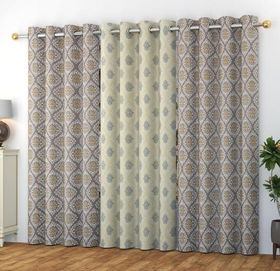 Benchmark 152.4 cm (5 ft) Window Polyester Semi Transparent Curtain (Pack Of 3)(Tortilla Brown-Cream, Printed)