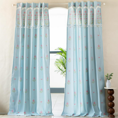 Tranquebar Curtain Co. 213 cm (7 ft) Door Cotton Room Darkening Curtain (Pack Of 2)(Turquoise, Floral)