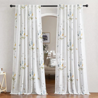 Tranquebar Curtain Co. 152 cm (5 ft) Window Polyester Semi Transparent Curtain (Pack Of 2)(Blue, Floral)