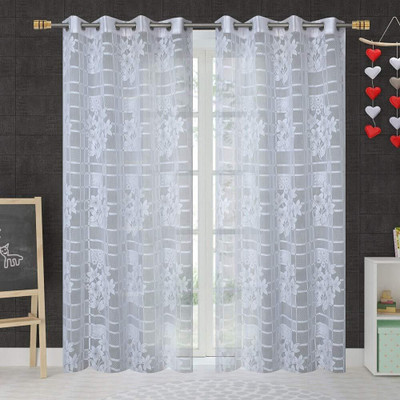 Spangle Homes 153 cm (5 ft) Window Net Transparent Curtain (Pack Of 2)(BoxFlower White, Printed)