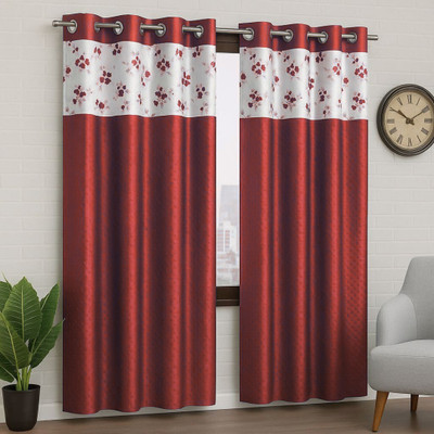 CoverCraze 213 cm (7 ft) Polyester Semi Transparent Window Curtain (Pack Of 2)(Printed, Maroon and White)