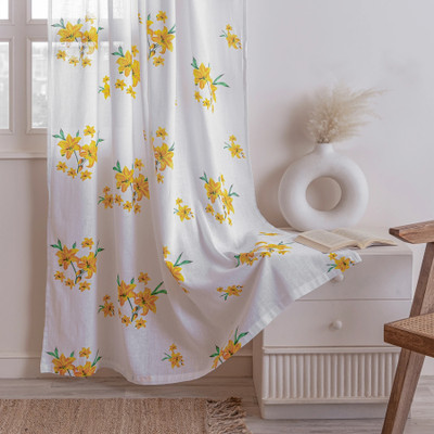 HOMEMONDE 213 cm (7 ft) Door Cotton Transparent Curtain (Pack Of 2)(Flower - Yellow, Solid)