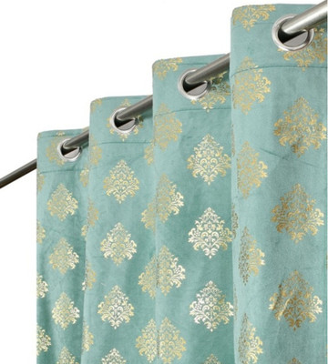 FABREEVA 152.4 cm (5 ft) Window Velvet Room Darkening Curtain (Pack Of 2)(English Aqua, Self Design)